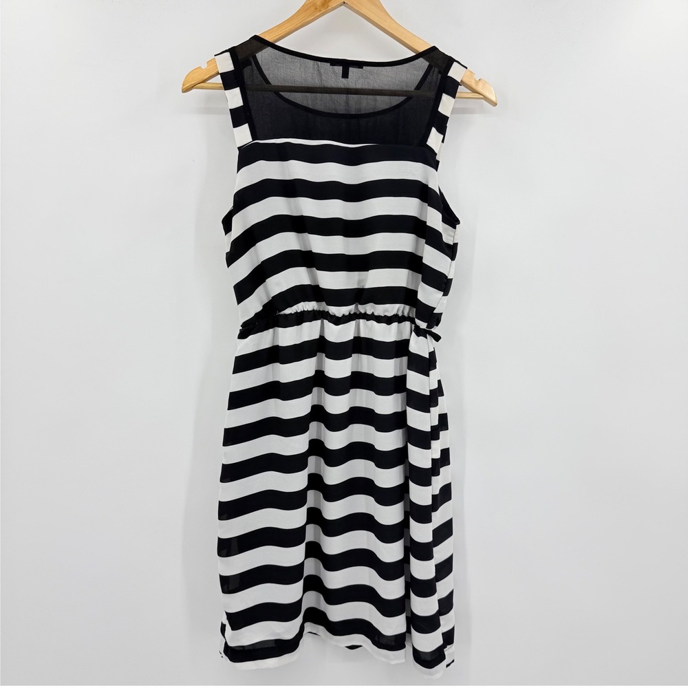 Monteau‎ Womens Black White Striped Sleeveless Mesh Yoke Elastic Waist Dress M